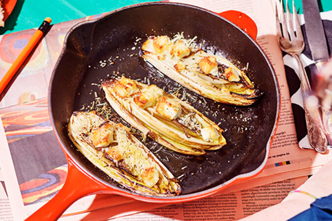 Witloof met Parmezaanse kaas en geitenkaas in de oven